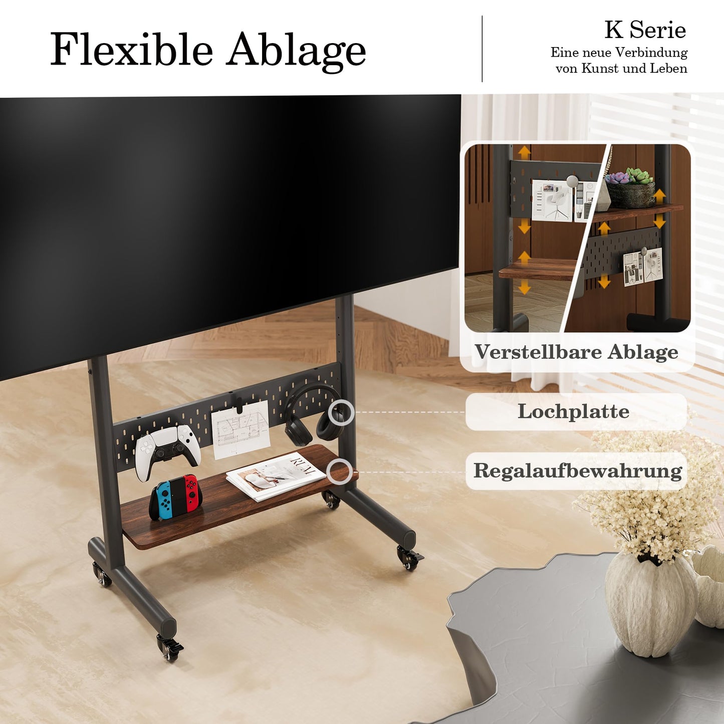 FITUEYES TV Ständer Rollbar Fernsehständer mit Rollen TV Rollwagen höhenverstellbar für 40-85 Zoll Fernseher Max 60KG VESA 600x400 mm