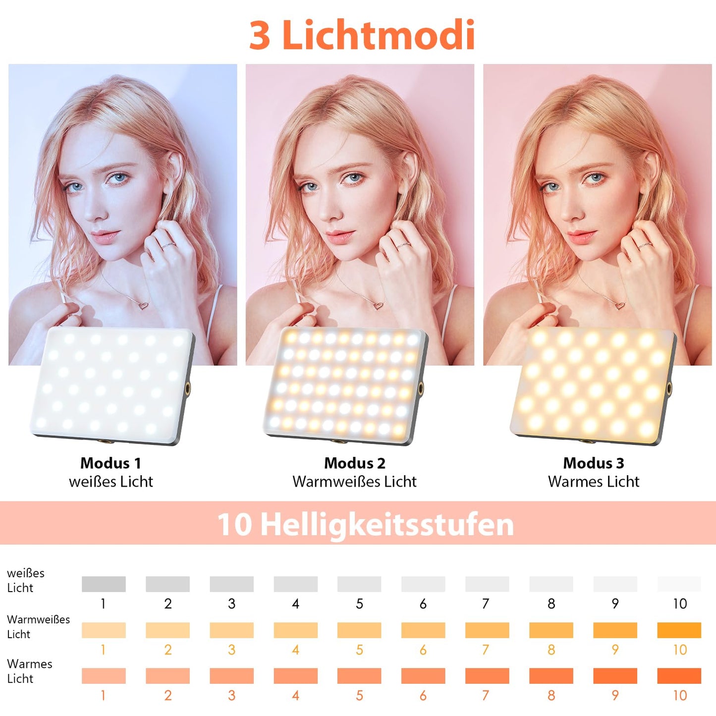 TONEOF Selfie Licht Handy, 60LED Wiederaufladbares Videolicht mit Clip&Zwei 1/4" Schraubenlöchern, 2500K–9000K 3 Lichtmodi, Tragbares Foto Licht für Handy/Laptop/Tablet-Schwarz