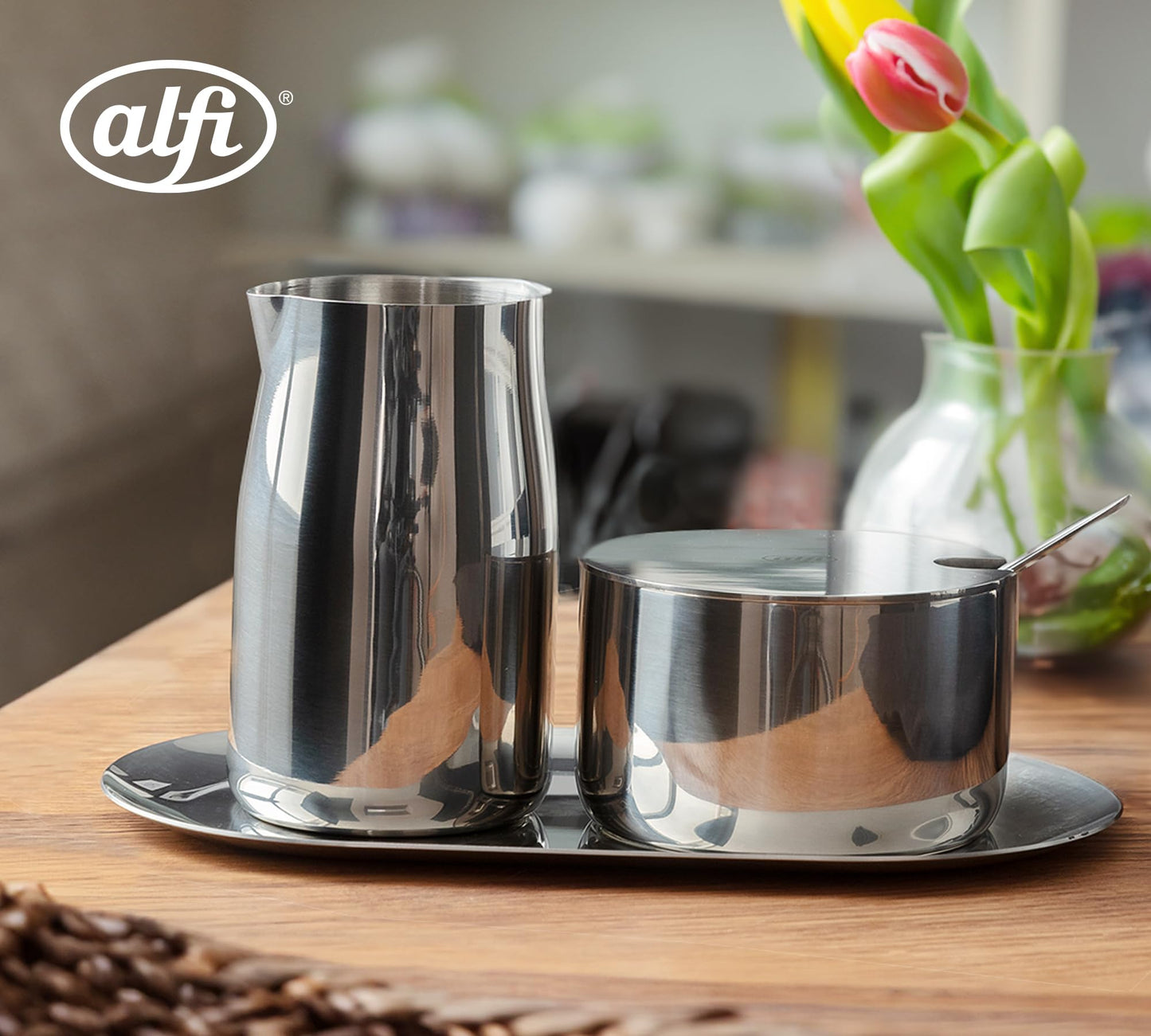 alfi MILK AND SUGAR SET, glänzend, hochwertiges Edelstahl-Milch- und Zuckerset, stilvolles Design, spülmaschinenfest, langlebig