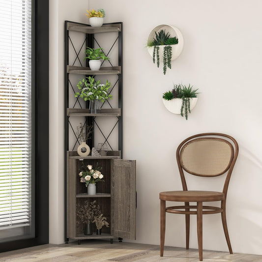 COSTWAY 6-stöckiges Bücherregal, Standregal industriell, Hochschrank schmal mit 4 Ablagen & verstellbaren Regalen, Küchenschrank Eckschrank platzsparend, 48 x 32 x 180 cm (Grau)