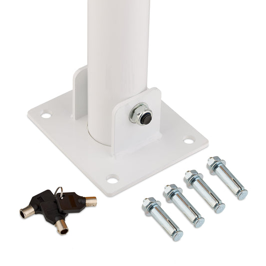 Relaxdays Absperrpfosten, klappbar, Stahl, Parkplatz Absperrung, H: 65 cm, abschließbar, runder Parkpfosten, weiß/rot