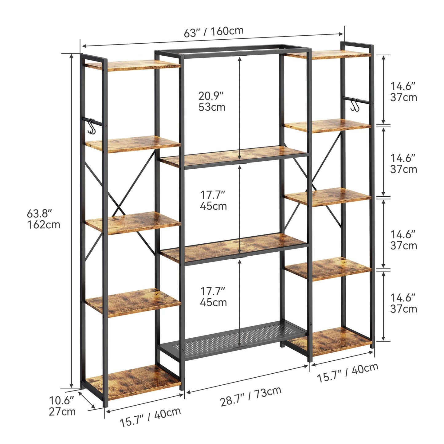 YITAHOME Industrielles Bücherregal 5 Ebenen, 13 Fächer, Vintagebraun