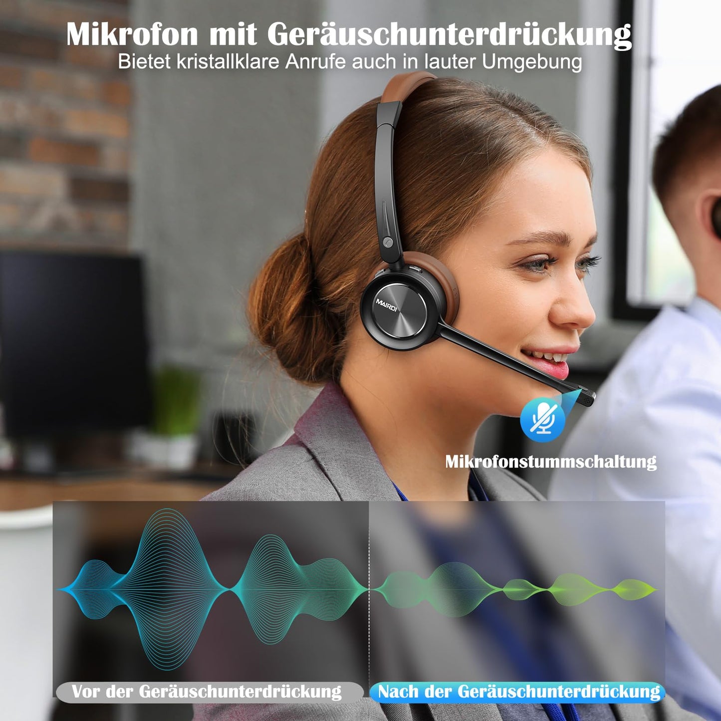 Bluetooth Headset mit Mikrofon Noise Canceling, Wireless Headset mit Eingebauter Bluetooth-Dongle für PC, Computer, Kabellose Headsets für Handy CallCenter Büro Zoom Microsoft Teams Skype Chat