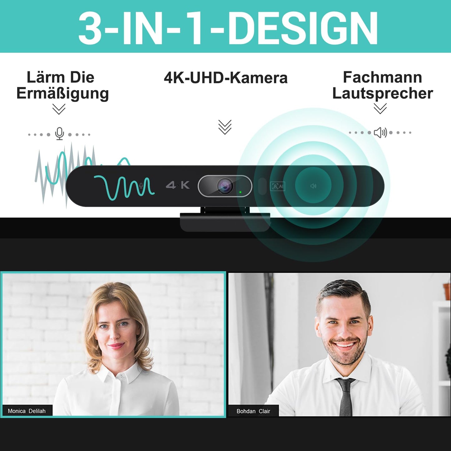 RayBit 4K Videokonferenz-Webcam mit Mikrofon und Lautsprecher, AI-Powered Kamera für Videokonferenz mit Fernbedienung für Windows TV/Meeting Room/PC/Desktop-Computer/Zoom/Teams/Skype/USB Plug&Play