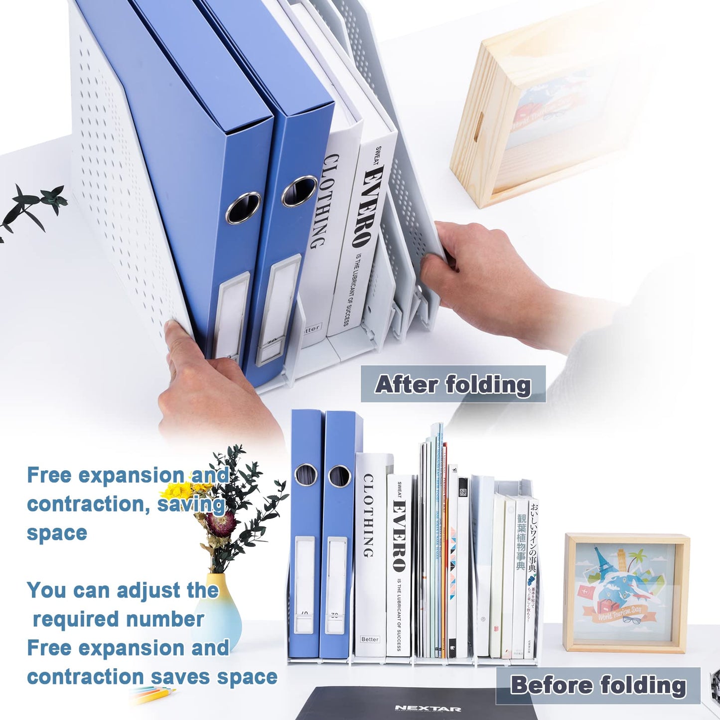 FRETONBA Faltbarer Stehsammler A4 mit 4 Fächern – Aktenmagazinhalter & Schreibtisch-Organizer für Büro, Schule & Zuhause – Hellgrau