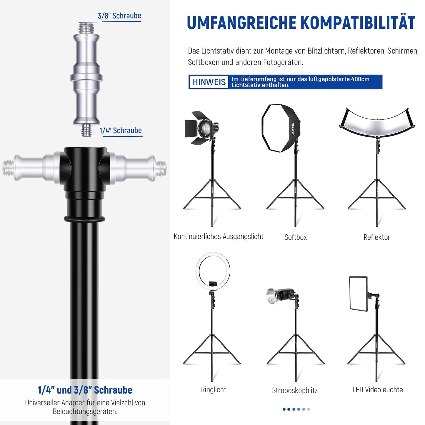 NEEWER 4m Lichtstativ, Luftgepolstertes Heavy Duty Metallstativ für Ringlicht Fotografie Lampen mit 1/4" zu 3/8" Schraubadapter und 3 Wege Schnittstellen, Tragfähigkeit: 3kg, ST-400AC