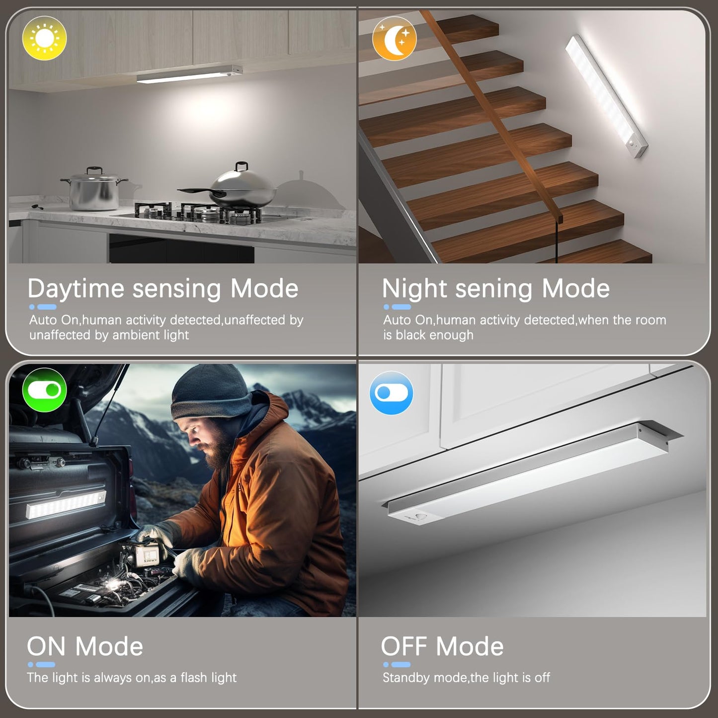 Schrankbeleuchtung LED mit Bewegungsmelder 2 Stück Schranklicht Schrankleuchte Led Leiste Batterie USB Wiederaufladbar Unterbauleuchte Küche für Kleiderschrank, Treppe, Kofferraum, RV