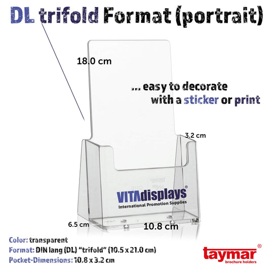 Standfester DIN Lang Flyerständer der Marke taymar als transparenter „trifold“ Flyerhalter, Tisch-Prospekthalter, Prospektständer, glasklarer Tischprospektständer für DL Flyer und DIN A6 Postkarten