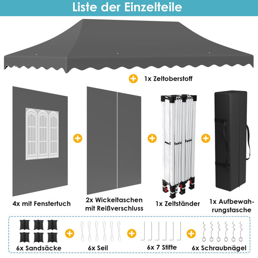 Pavillon 3x6 mit 6 Seitenwänden, Faltpavillon 3x6 Wasserdicht Stabil Winterfest, Faltbar Partyzelt 3x6,UV Schutz 50+ Gartenpavillon,6 Sandsäcke 12 Erdhaken,für Markt,Hochzeiten,Patio (Grau)
