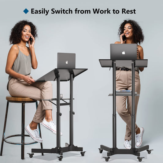 BONTEC Stehpult Höhenverstellbar Schreibtisch/Laptoptisch mit Rollen/Laptop Ständer Mobile Präsentationswagen Ergonomisch mit 4 Beweglichen & Obere Plattform Neigbare