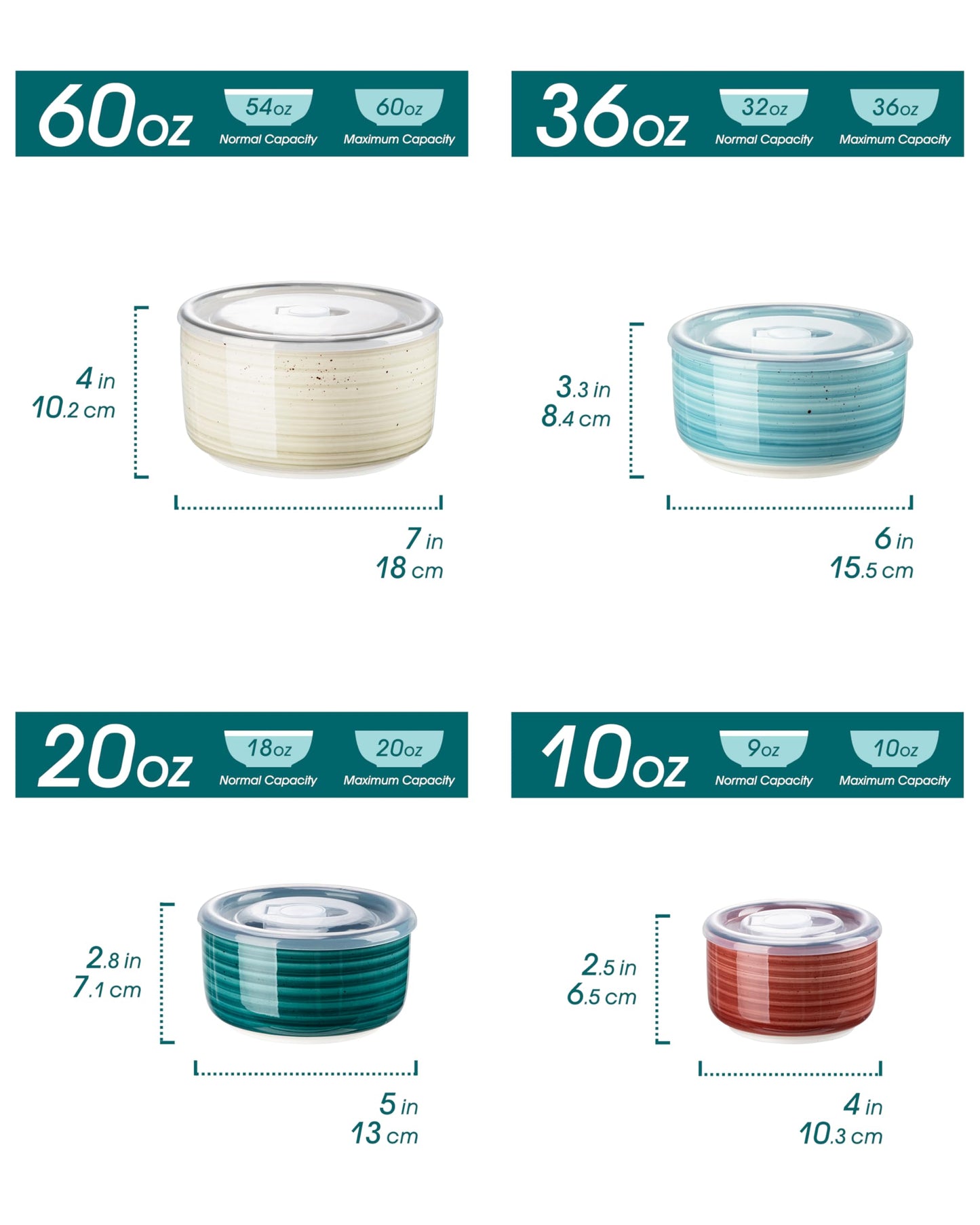 vancasso Bonbon Keramik-Schalen mit Deckel, mikrowellengeeignet, Lebensmittelbehälter für Vorbereitung, Salat, Suppe, Nudeln, Kochen und Servieren, 4 Stück (152 ml, 36 ml, 20 ml, 284 ml), mehrfarbig