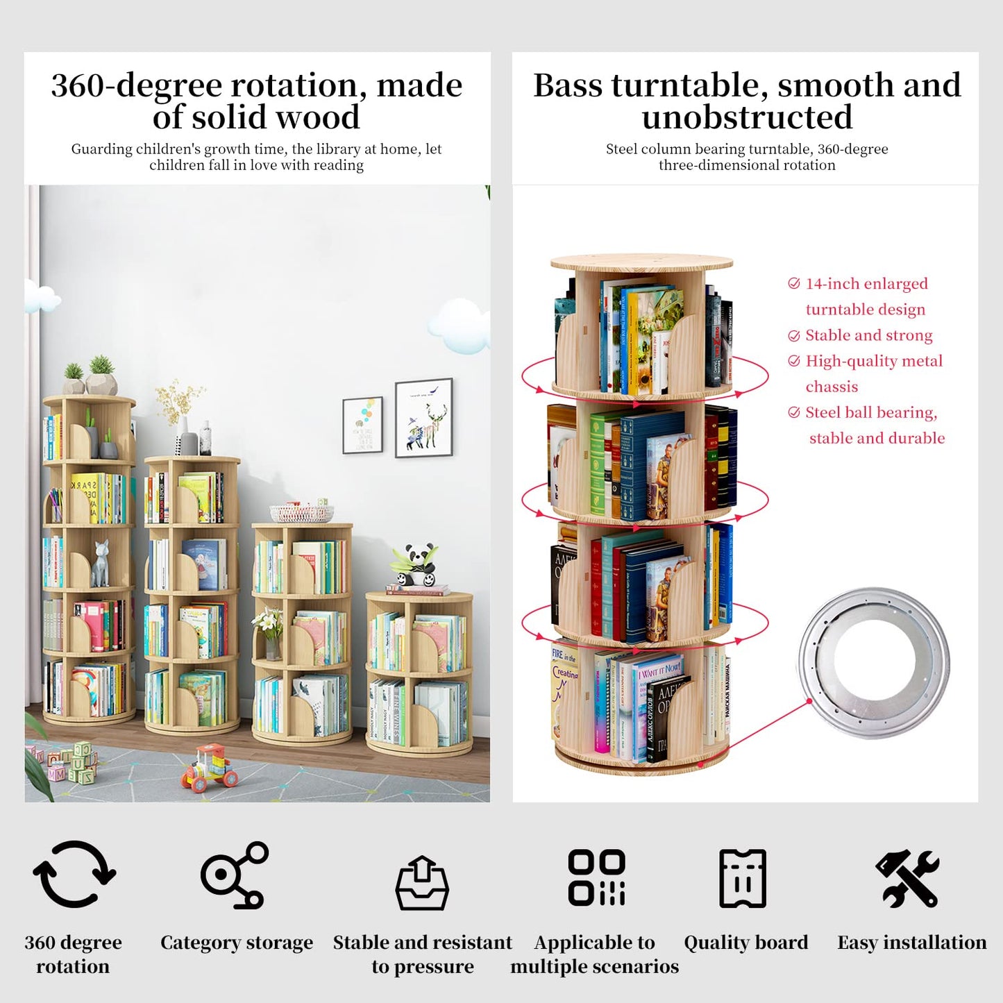 PTUWODS Drehbares Bücherregal, Standregal, 360 Grad, Lagerregal für Kinder und Erwachsene, multifunktionales Bücherregal Massivholz (4 böden)