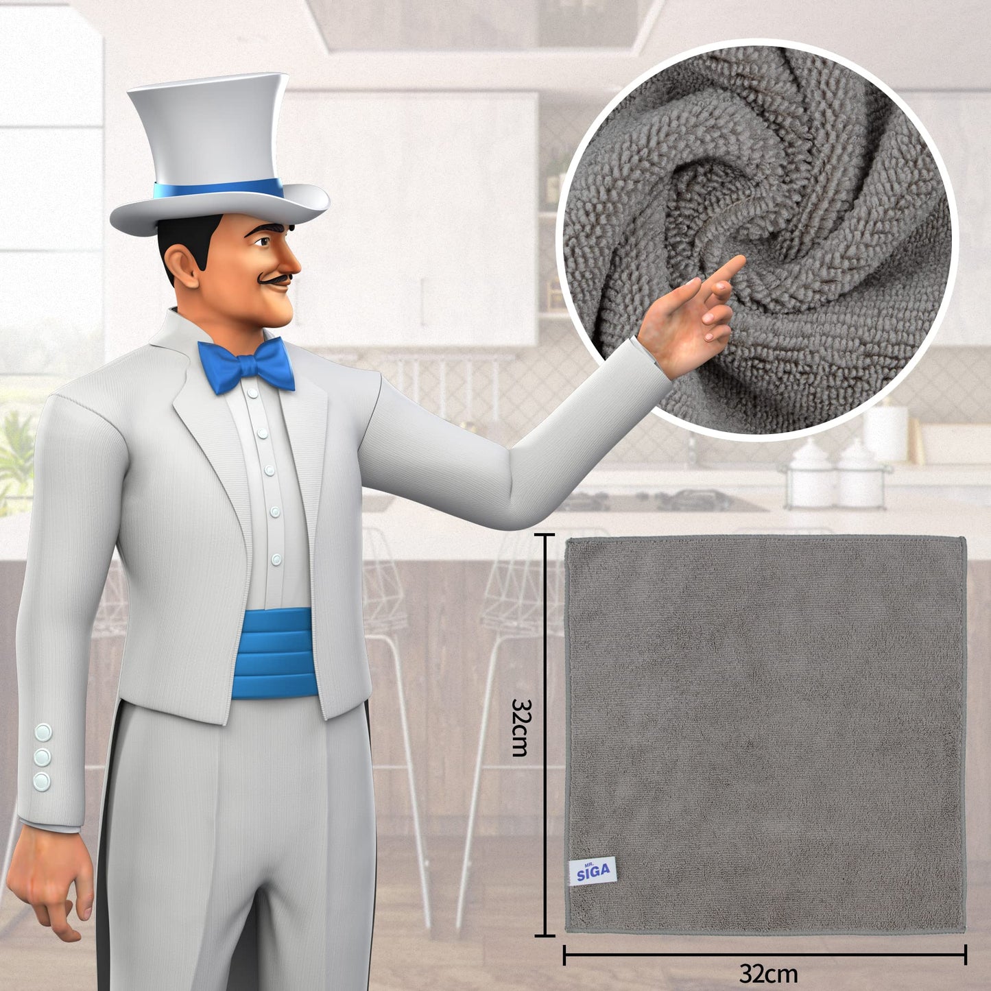 MR.SIGA Mikrofaser Reinigungstuch, Allzweck Mikrofasertücher, streifenfreie Putztücher, 12 Stücke, Grau, Größe 32 x 32 cm