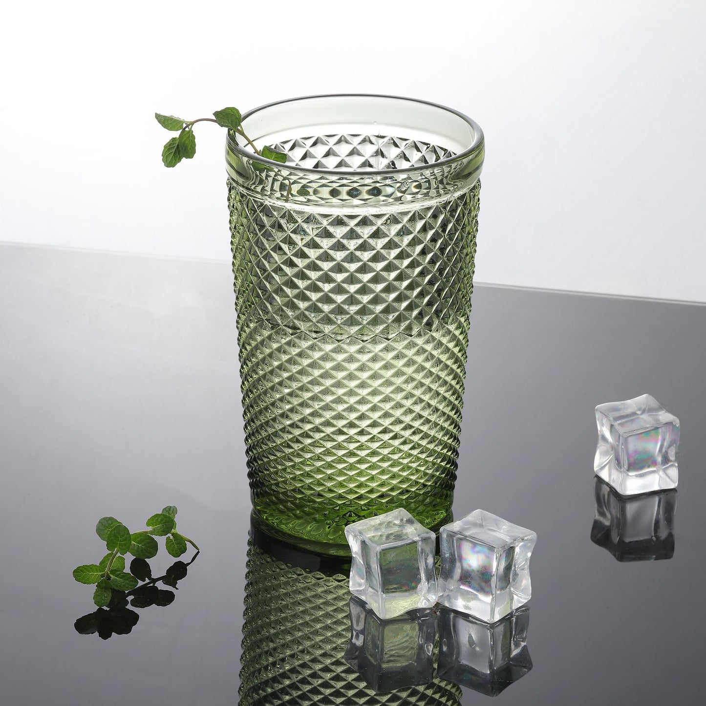 Joeyan 350ml Grün Trinkgläser Set von 4,Bunt Wassergläser Set mit Diamant Relief,Vintage Gläser Set for Zuhause Restaurant Bar,Spülmaschinenfest