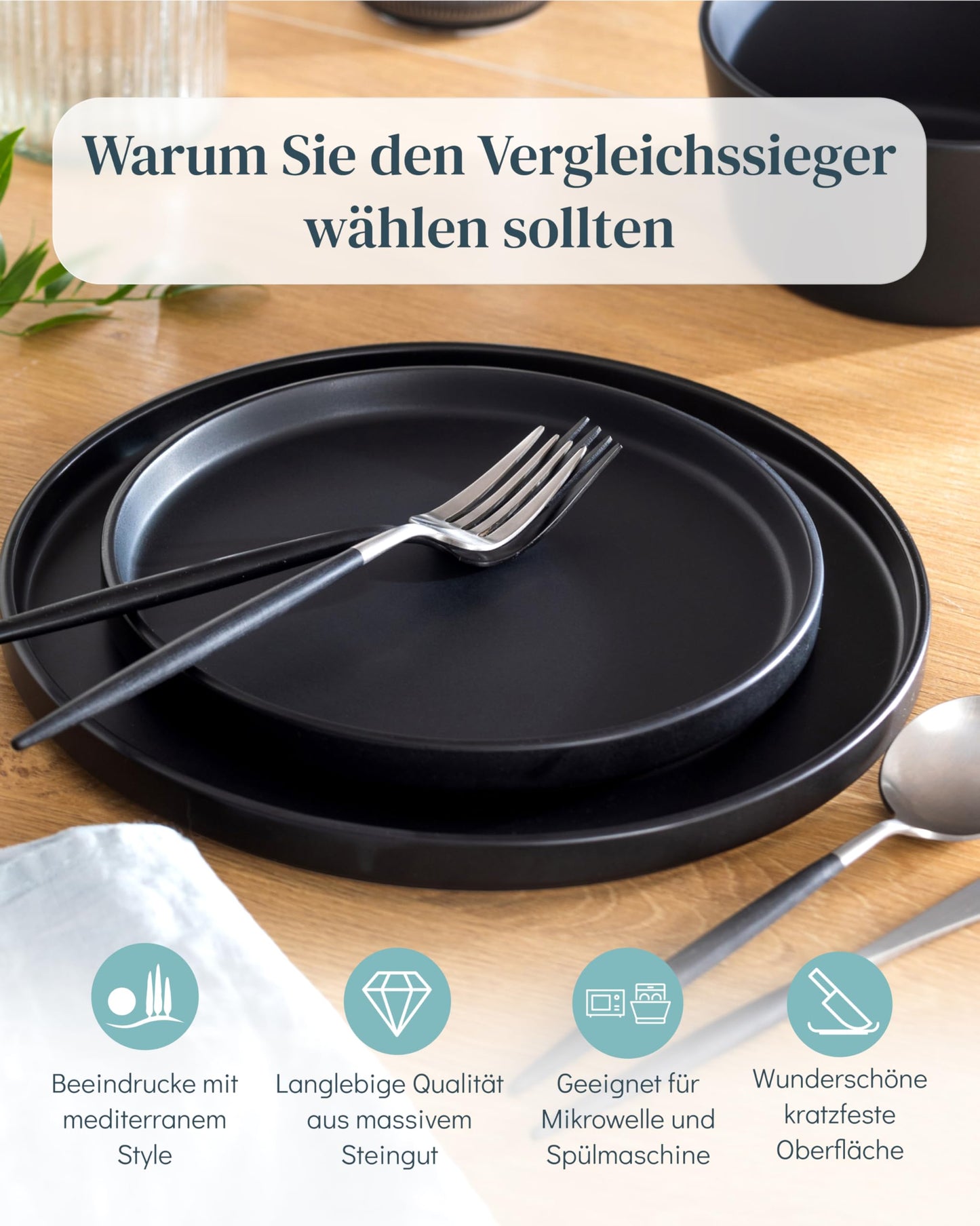 Steingut Geschirrset 12 Pers. 48-tlg Hochwertiges Steingut Geschirr Set- Schüssel- und Teller Set- Tafelservice 12 Personen Geschirrsets in matt schwarz