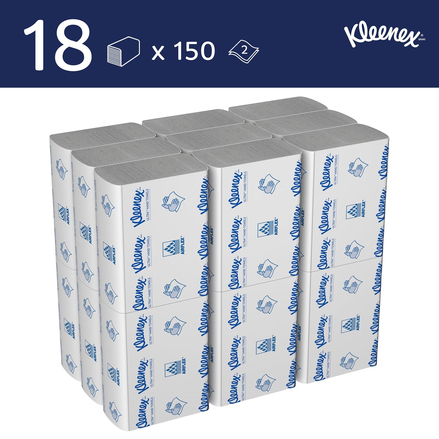 Kleenex Ultra Falt-Handtuchpapier 4633, weiß – 2-lagige Einmal-Papierhandtücher – 18 Packungen x 150 kleine Papierhandtücher (insges. 2.700)