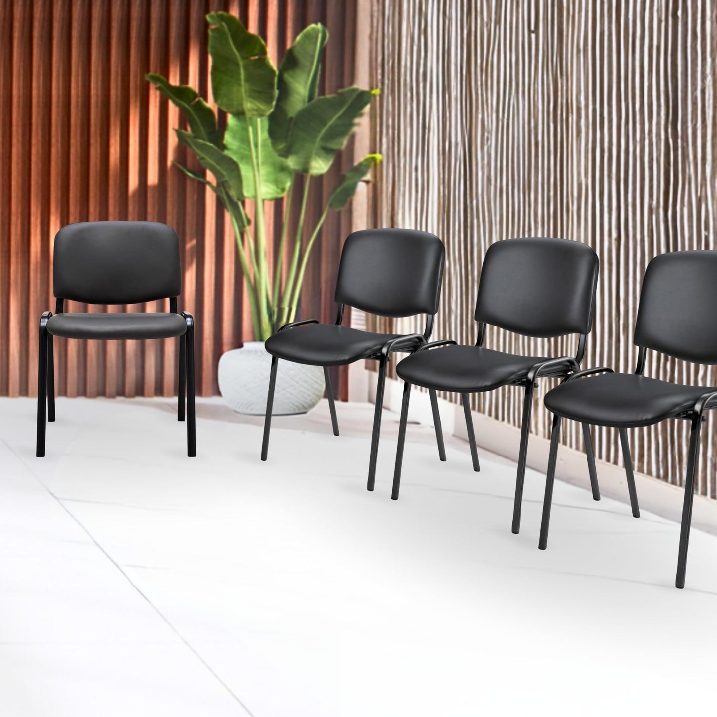 topsit 4er Set Wartezimmerstuhl, stapelbarer Besucherstuhl mit Polsterung und Kunstlederbezug, Metallgestell Bürostuhl, Konferenzstuhl für Home Office, Rezeption Pausen Raum (Schwarz)