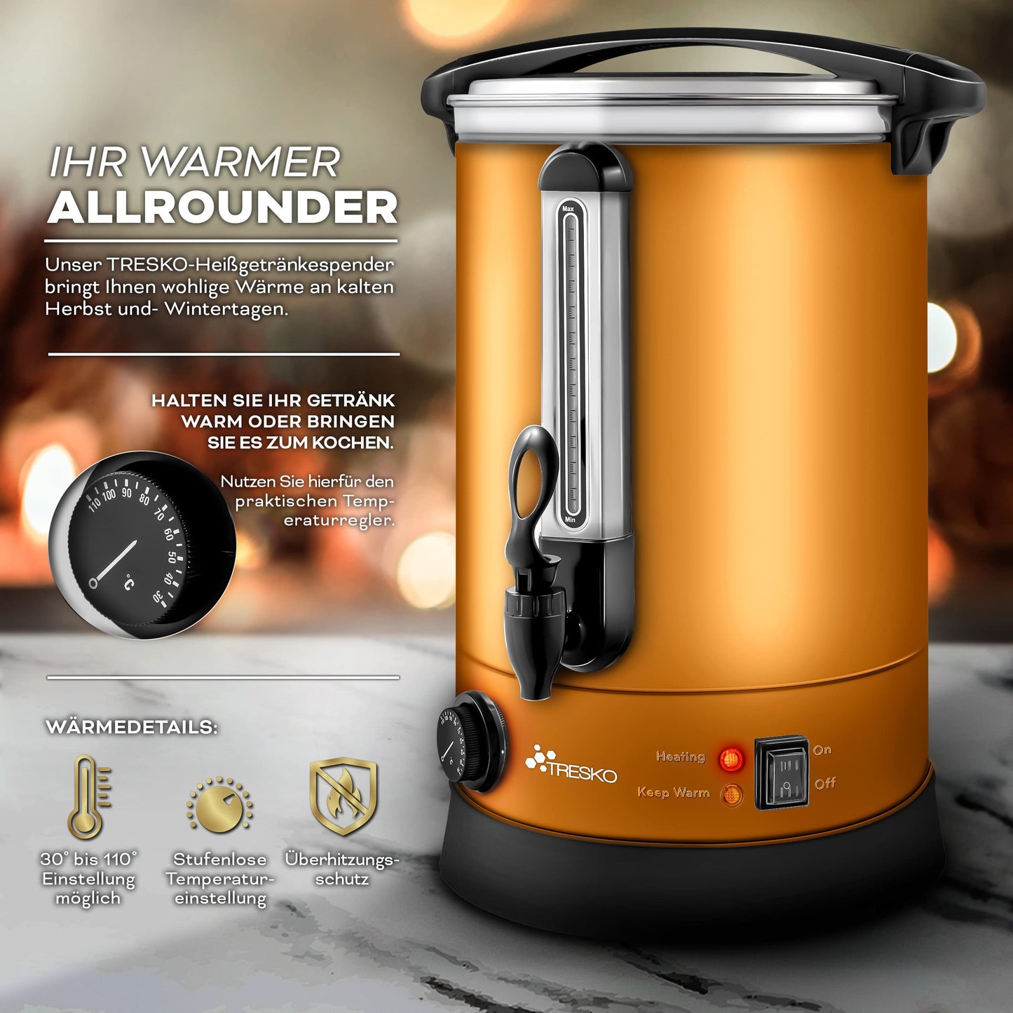 TRESKO® Glühweinkocher 10L / 1500W Einkochautomat aus Edelstahl Glühweinkessel Glühweinautomat Heißgetränkeautomat Heißwasserspender