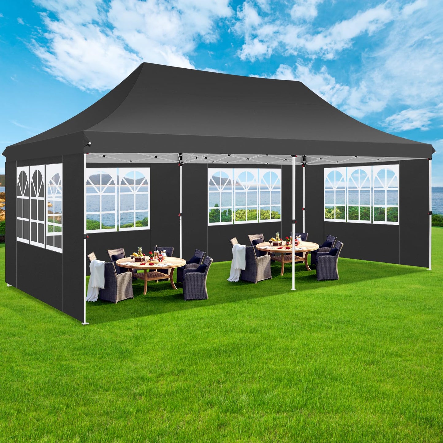 COBIZI Faltpavillon 3X6, Pavillon 3x6m Wasserdicht Stabil Winterfest, Faltbar Partyzelt mit 6 Seitenwänden & 4 Sandsack Pop up Gartenpavillon Anti-UV für Hochzeiten, Freien, Schwarz