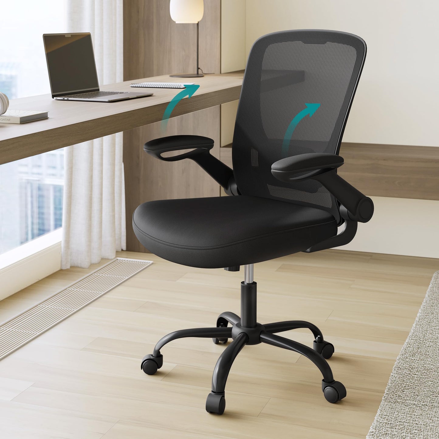 SONGMICS Bürostuhl, Schreibtischstuhl, Drehstuhl mit Netzbespannung, ergonomisch, gepolsterte Lendenstütze, Wippfunktion, 53 cm große Sitzfläche, klappbare Armlehnen, schwarz OBN37BK