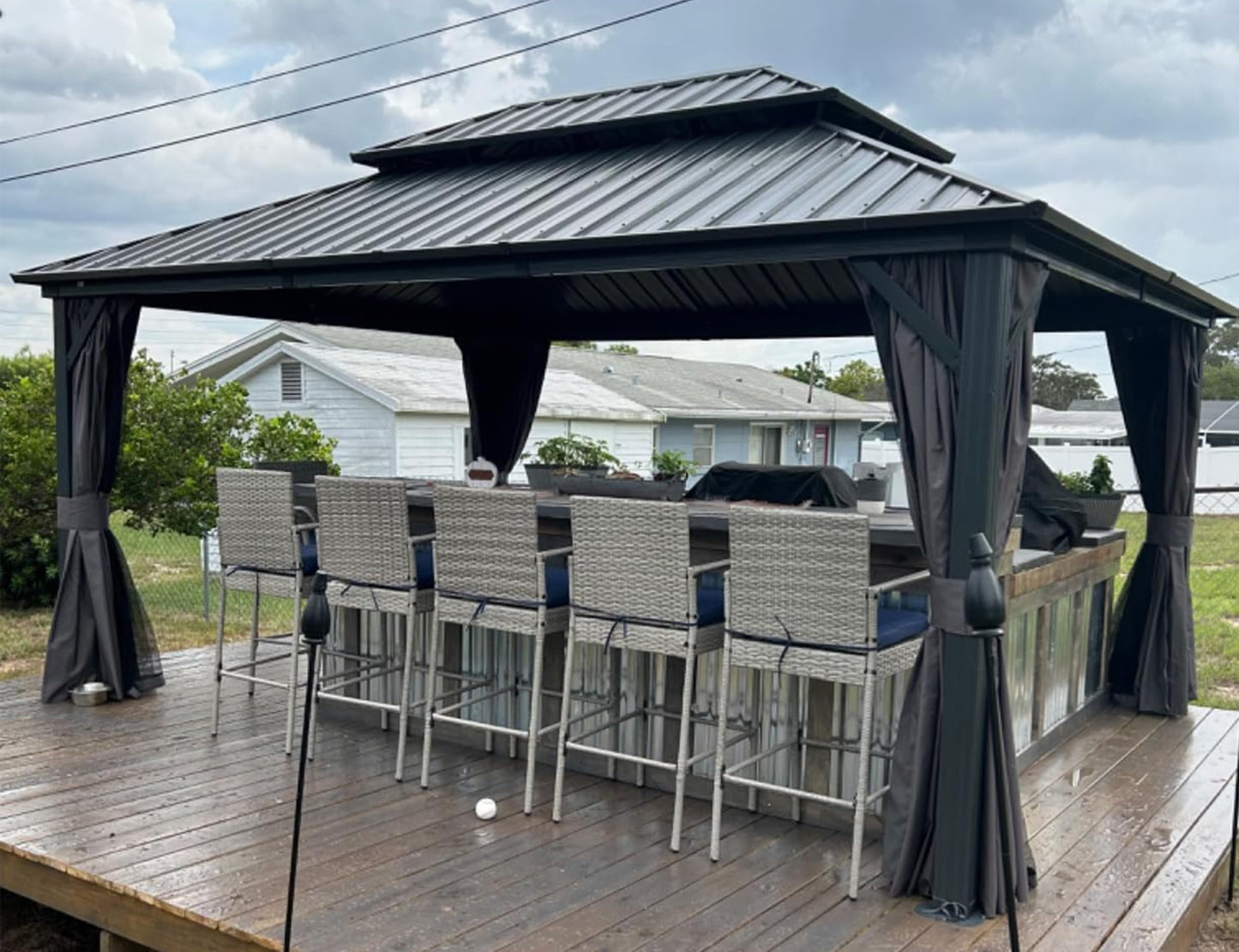 PURPLE LEAF Pavillon 3.65 x 4.85 m Festem Dach, Basisch Gartenpavillon Wasserdicht Stabil Winterfest Alu Pavillon mit Stahldach Hardtop Pavillon mit Seitenwänden, Grau