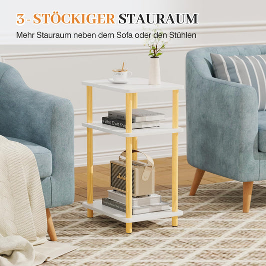 APICIZON 3 Tier Beistelltisch Schmal, Nachttisch Holz, Tisch Klein, Kleiner Beistelltisch fürs Wohnzimmer, Schlafzimmer, Balkon, Arbeitszimmer, Natur&Weiss