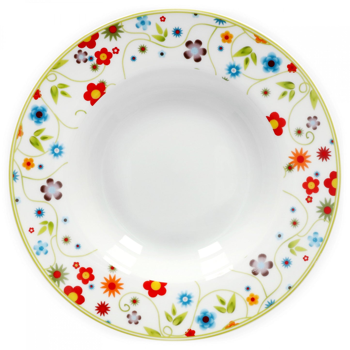 van Well Vario Suppenteller-Set 6-teilig - Teller-Service für 6 Personen - tiefe Pasta-Teller 21,5cm - Porzellan-Set weiß mit Rand in Flower-Design - Salat-Teller mikrowellengeeignet