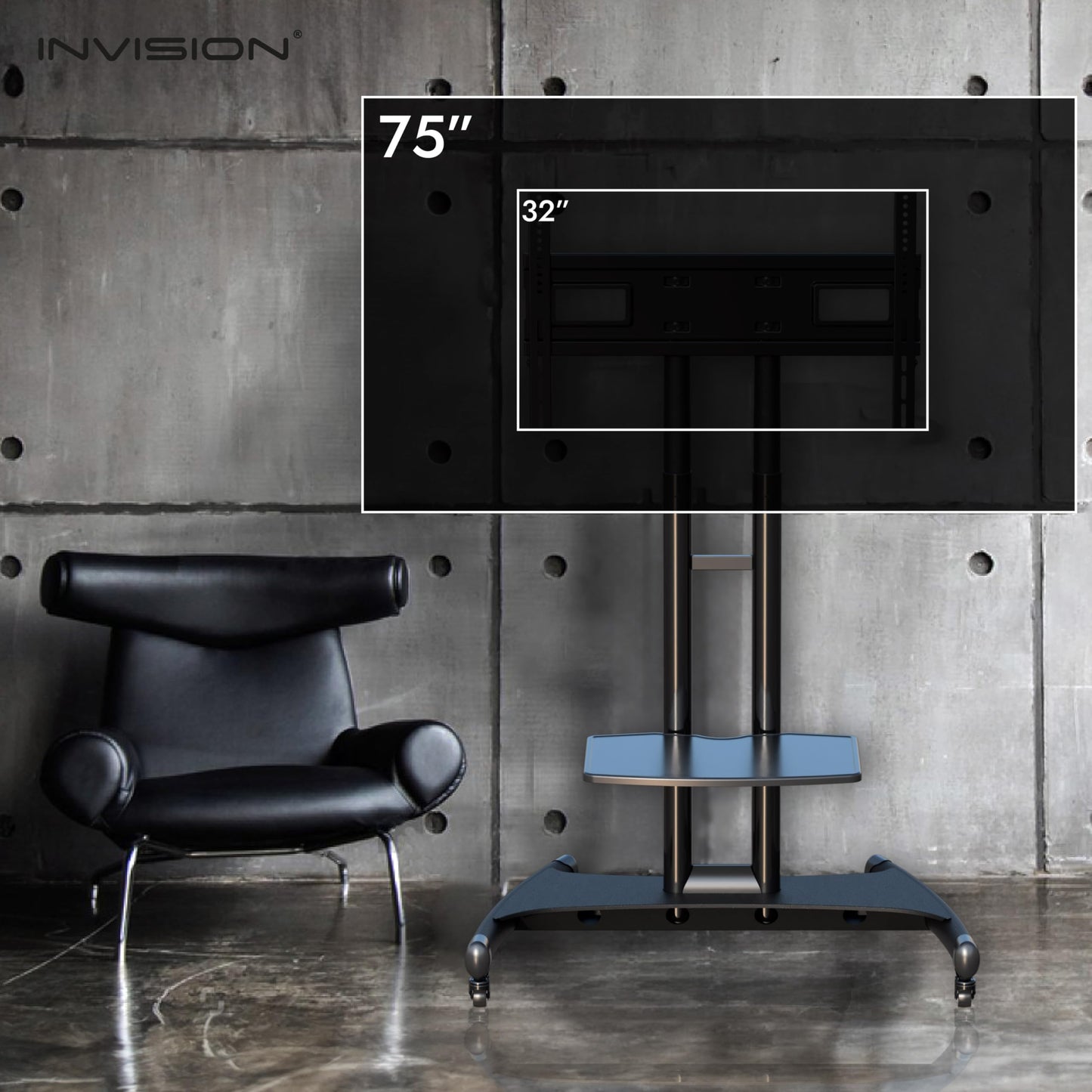 Invision TV Standfuß auf Rollen für 32-75 Zoll Fernseher Bildschirme, Mobiler TV Ständer Rollwagen, Höhenverstellbar Ultra Stabil Halterung bis 45.5kg Max VESA 600b x 400h GT1200 ScreenStation