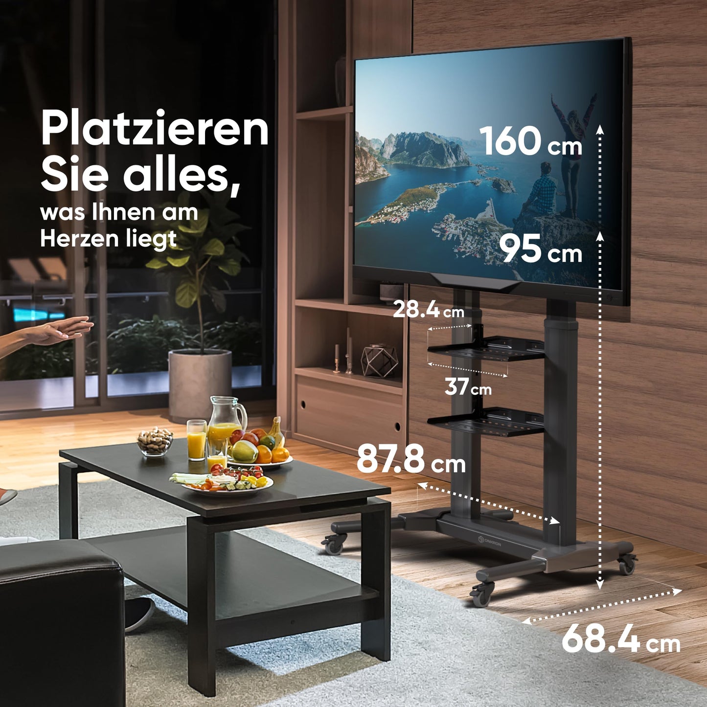 ONKRON TV Ständer rollbar für 40-80 Zoll TVs bis 55.5 kg - TV Standfuss höhenverstellbar aus Aluminium max 700x400 VESA Standfuß Fernseher Wagen/mobiler TV Ständer mit Rollen Schwarz TS2771-B