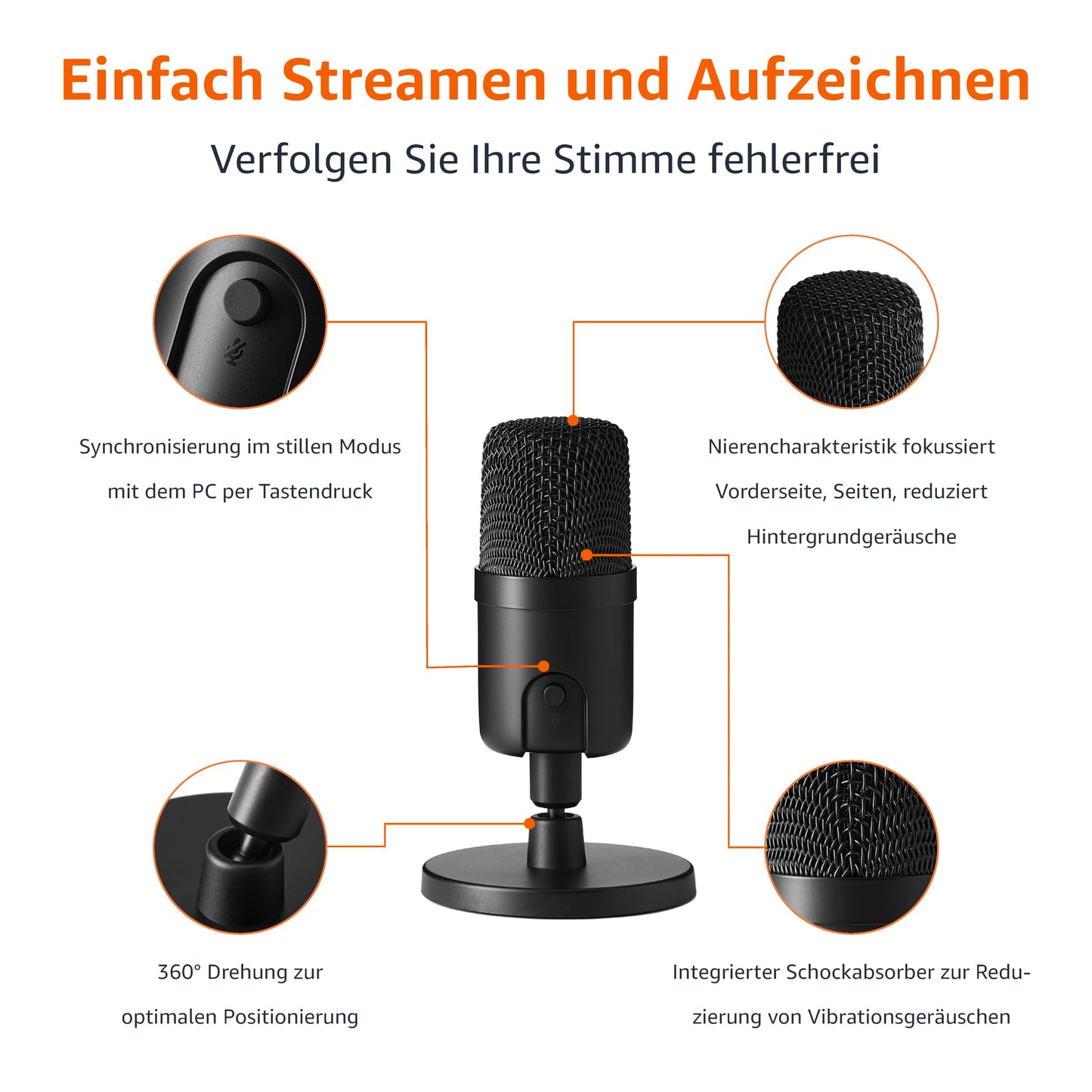 Amazon Basics Mini-USB-Kondensatormikrofon für Streaming, Gaming, Podcasting, mit Cardioid-Tonabnehmer, 5.8 x 3.4 inches, schwarz