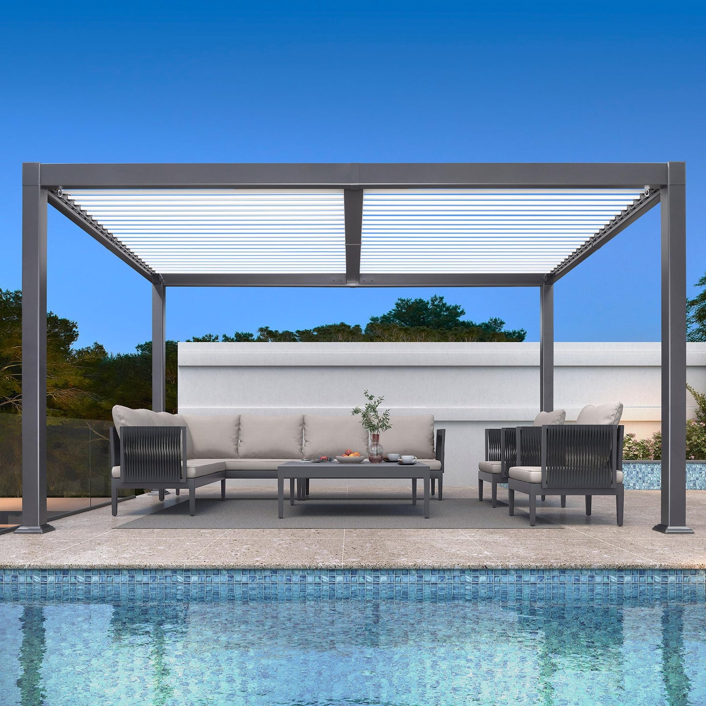 PURPLE LEAF Pavillon 3 x 4.2 m Wasserdicht Stabil Pergola mit Lamellendach Alu Terrassenüberdachung Hardtop Pavillon mit Moskitonetze und Vorhänge, Grauer Rahmen und Weißes Dach