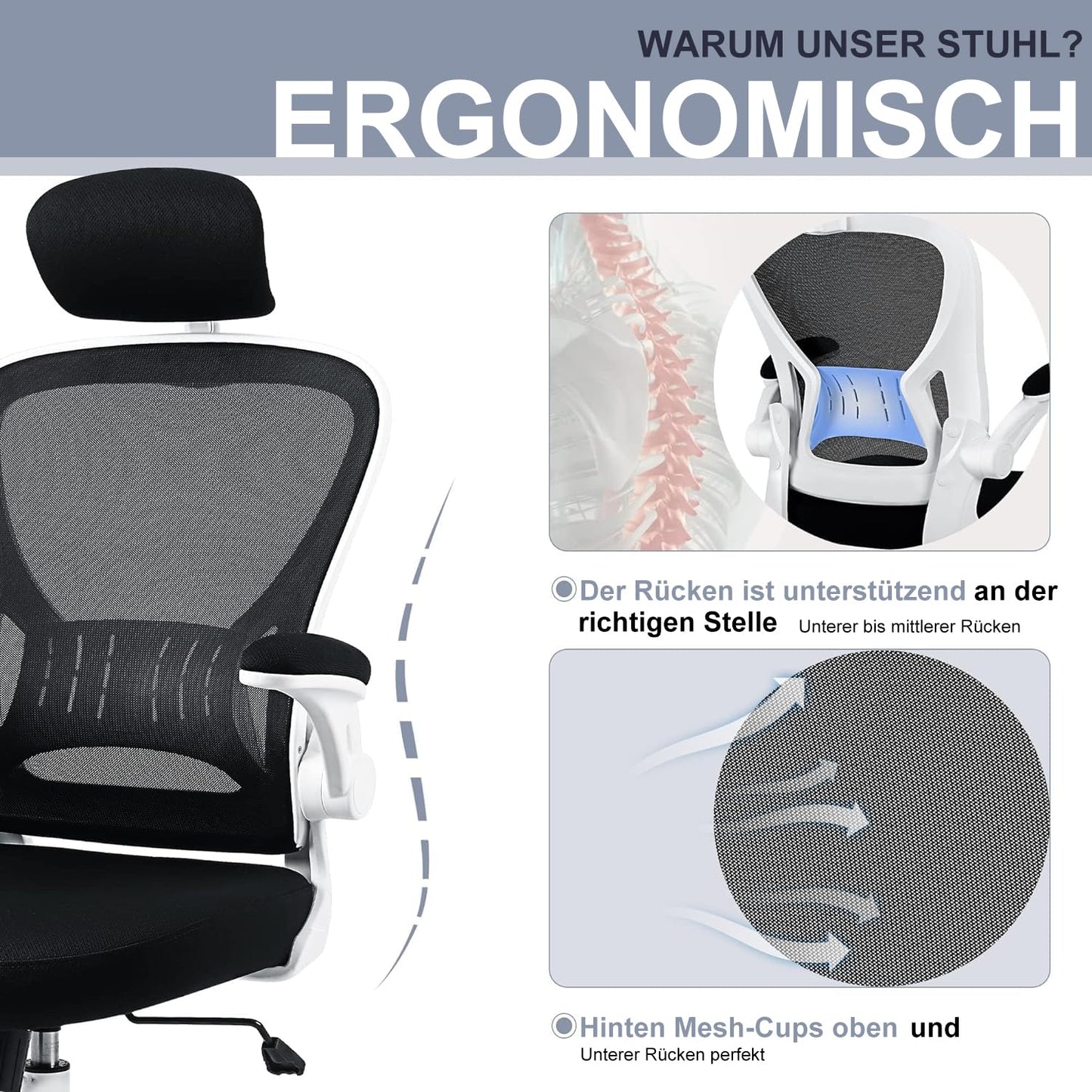 ralex-chair Bürostuhl, Ergonomischer Schreibtischstuhl, Bequem, Höhenverstellbar mit Rollen, Lordosenstütze, Netz, drehbar, für Computer, Heimbüro, Arbeitszimmer, Schwarz und Weiß