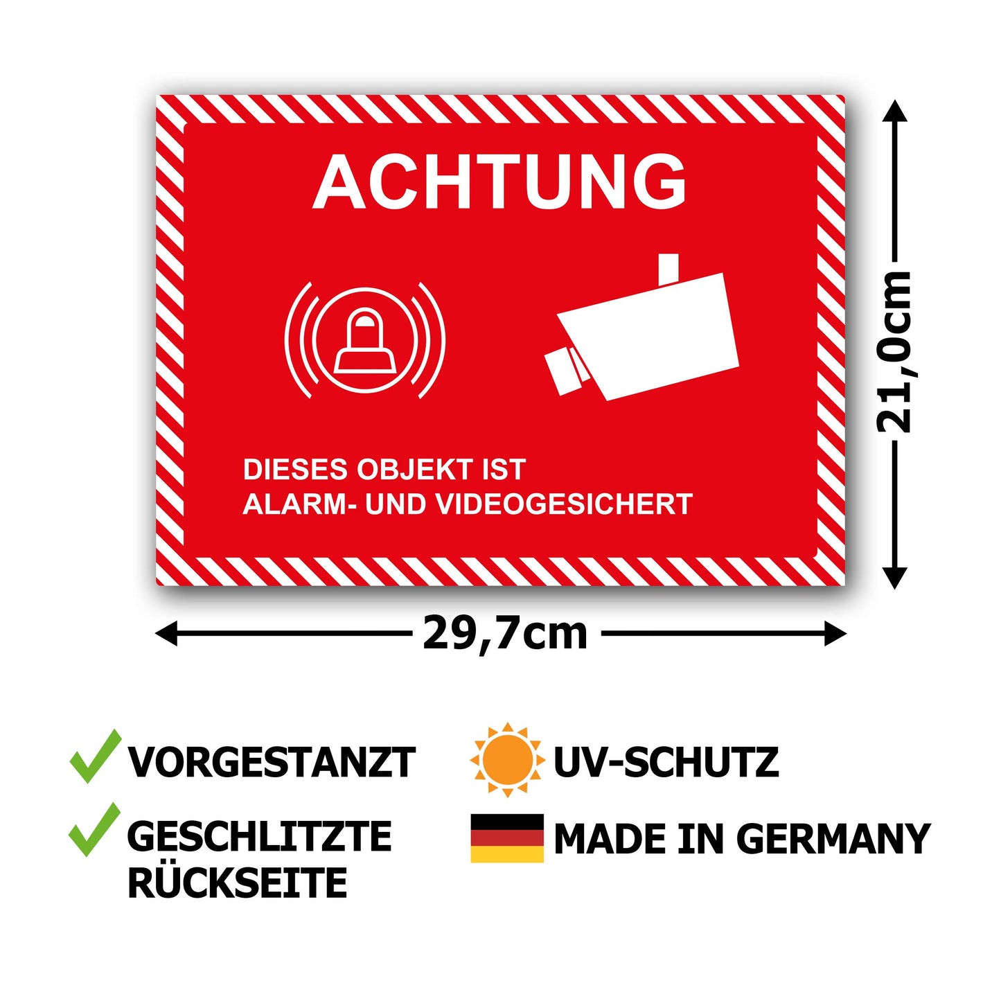 5 Stück XXL Achtung dieses Objekt ist Alarm und Videogesichert dieser Bereich wird videoüberwacht in A4 | 21 x 29,7cm Sticker mit UV Schutz für Außen-und Innenbereich
