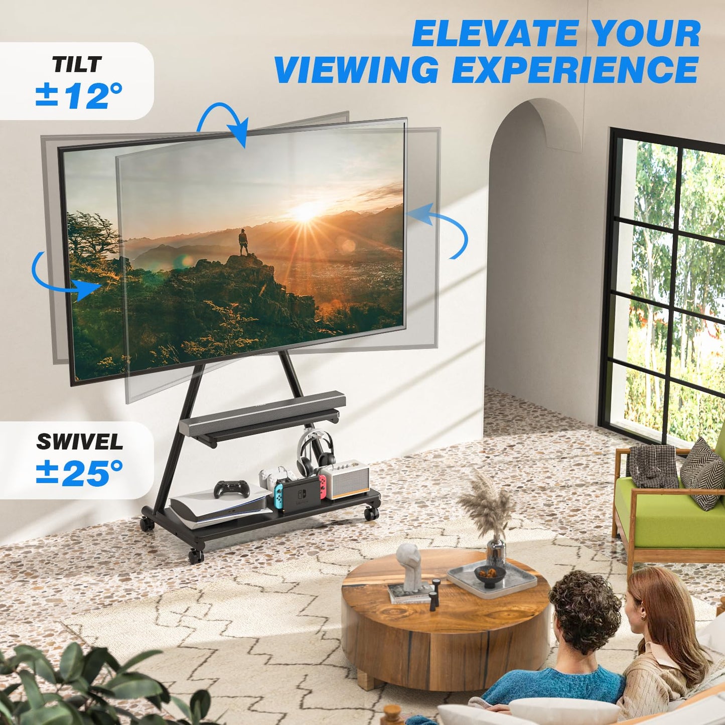 TVON TV Ständer Rollbar Fernsehständer höhenverstellbar schwenkbar TV Wagen mit Rollen für 32-80 Zoll Flach & Curved Fernseher bis zu 68 KG Max. VESA. 600 * 400