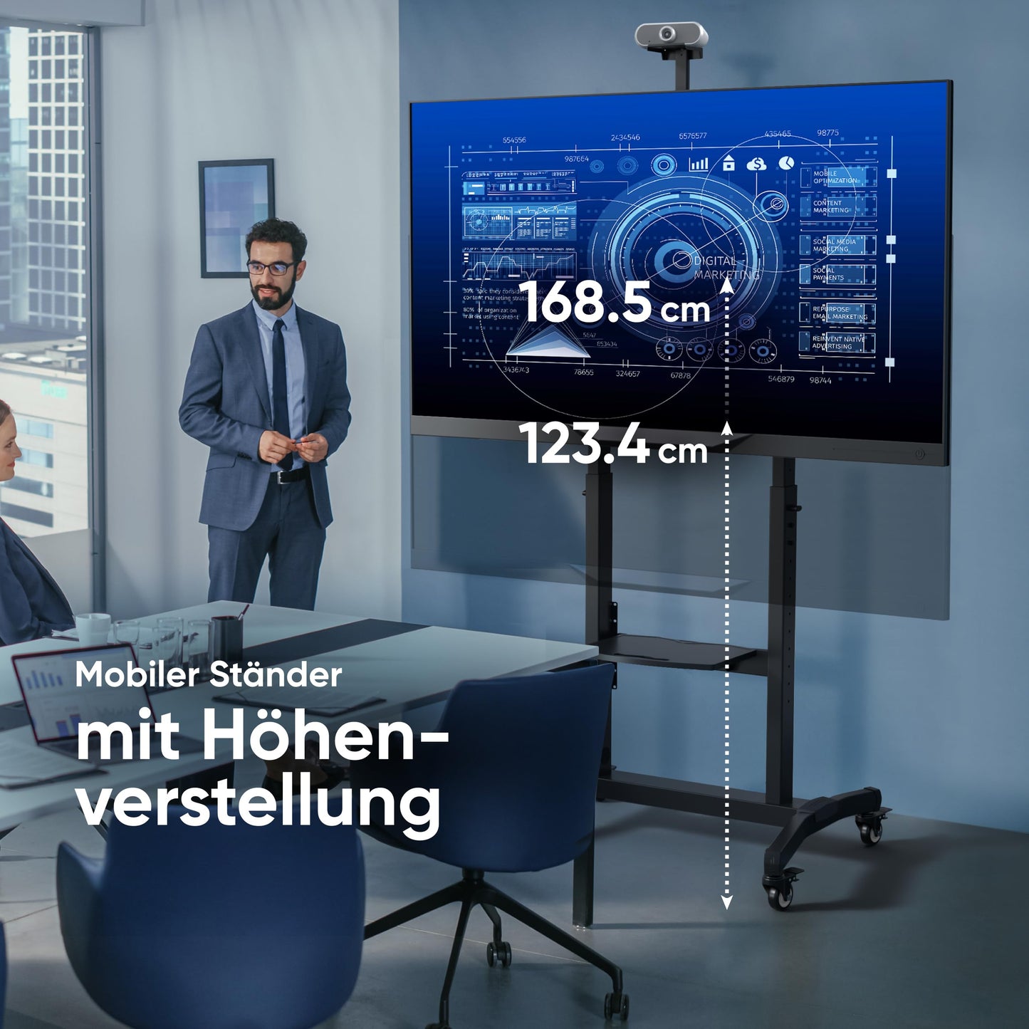 ONKRON TV Ständer rollbar für 50-100 Zoll TVs bis zu 120 kg, professioneller TV Ständer höhenverstellbar & neigbar max 1000x600 VESA Standfuß Fernseher - TV Wagen mit Rollen Schwarz TS1991-B