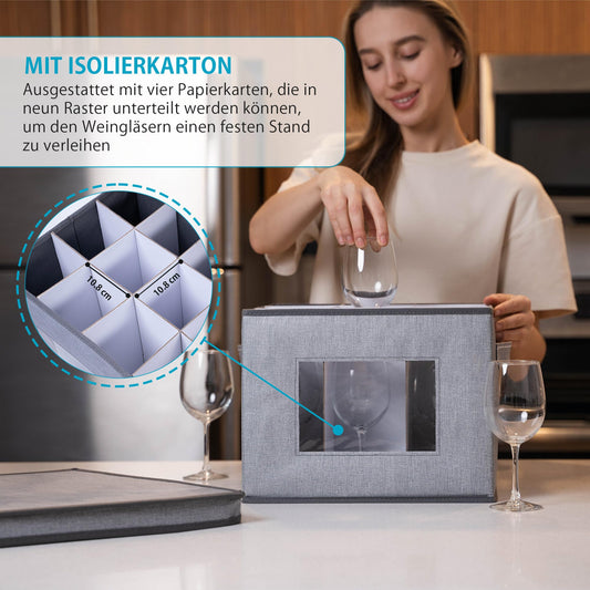 VENO 2er-Pack Aufbewahrungsbox für Rotweinglas mit Deckel und Griffen, Stielgläser-Organizer, Faltbox für Umzug von Glaswaren Inklusive Trennwände (Rotweinglas- 2er-Pack)