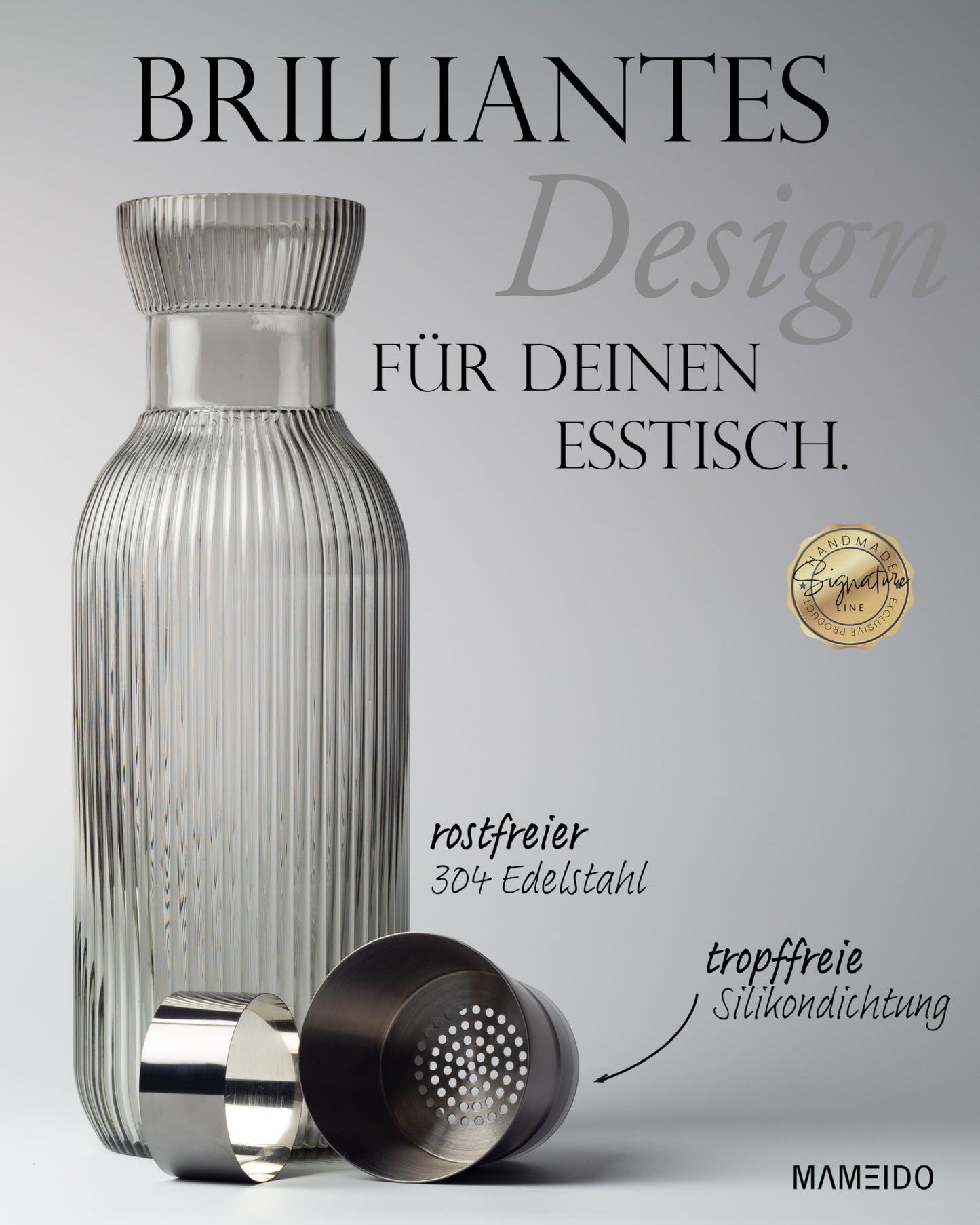 MAMEIDO Wasserkaraffe 1,5l & 1l - Glaskaraffe mit Deckel & Sieb, mundgeblasene Karaffe Glas, Wasserkrug mit edler Optik für besondere Anlässe, Karaffen zum Verschenken (Smoke Black, 1500ml)