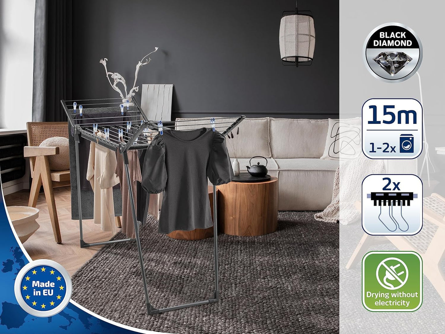 Leifheit Standtrockner Pegasus 150 Solid Black Edition, standfester Wäscheständer mit Flügeln auch für lange Kleidungsstücke, besonders schmaler Flügelwäschetrockner passt auch durch enge Türen