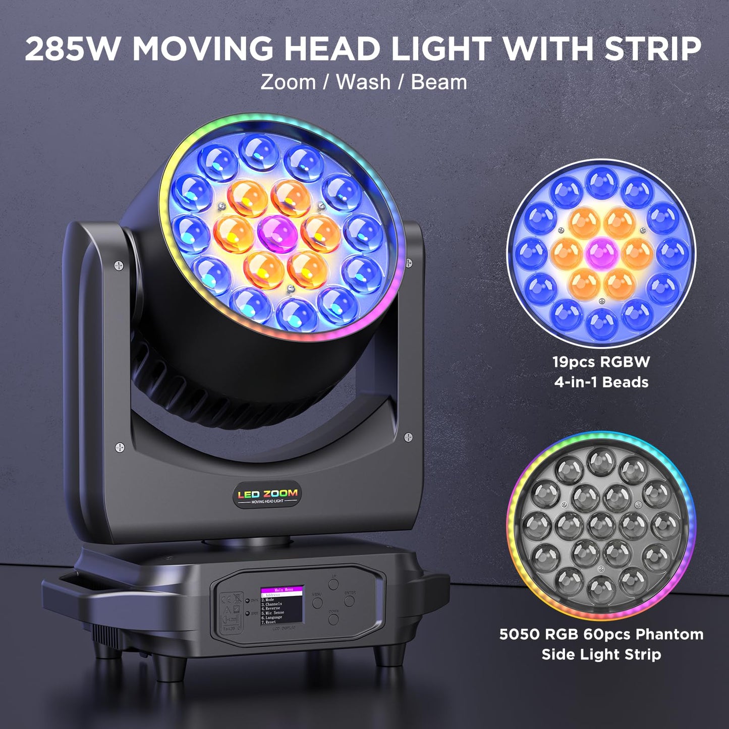 19 LED 285W Wash Zoom Moving Head Licht, RGBW 4 in 1 Professionelles Focus Dye Bühnenlicht mit Lichtstreifen und 4 Steuerungsmodi für Party KTV Konzert DJ Weihnachten Hochzeit Feiern