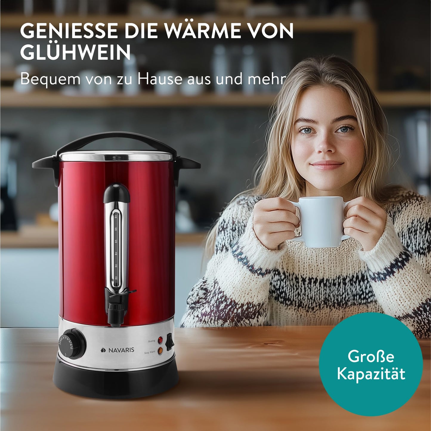 Navaris Elektrischer Glühweinkocher, Rot, 10L Edelstahl Heißwasserspender mit Thermostat, Füllstandsanzeige und Zapfhahn für Punsch und Tee