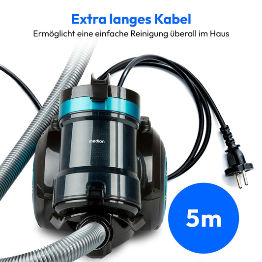 MEDION Zyklon-Staubsauger 800 Watt Leistung, 2 Liter Staubbehälterkapazität, 5 m Arbeitsradius, waschbarer EPA-Filter E12, MD 19407, blau