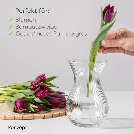KONZEPT Blumenvase Glas 18 cm Hoch, ⌀ 11 cm, Vase für Tulpen Durchsichtig, Spülmaschinenfest - Kleine Vase für Tischdeko bei Hochzeiten & Partys