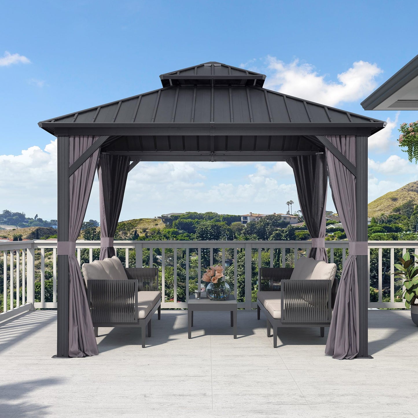 PURPLE LEAF Pavillon 3 x 3 m Festem Dach, Basisch Gartenpavillon Wasserdicht Stabil Winterfest Alu Pavillon mit Stahldach Hardtop Pavillon mit Seitenwänden für Terrasse, Grau