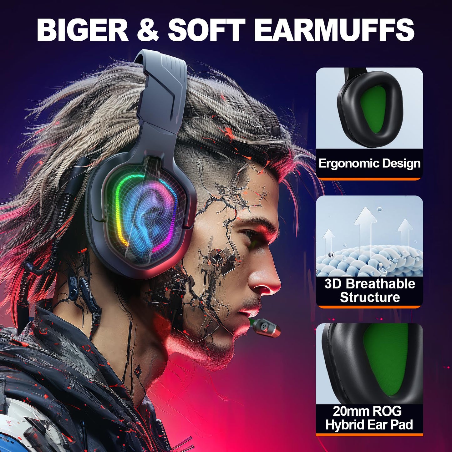 Krysenix PG2 RGB Gaming Headset für PS4/PC/Xbox, PS5 Headset mit Mikrofon, Gaming Kopfhörer mit Mikrofon, Noise Cancelling Kopfhörer mit 3.5mm Klinke Schwarz/Grün