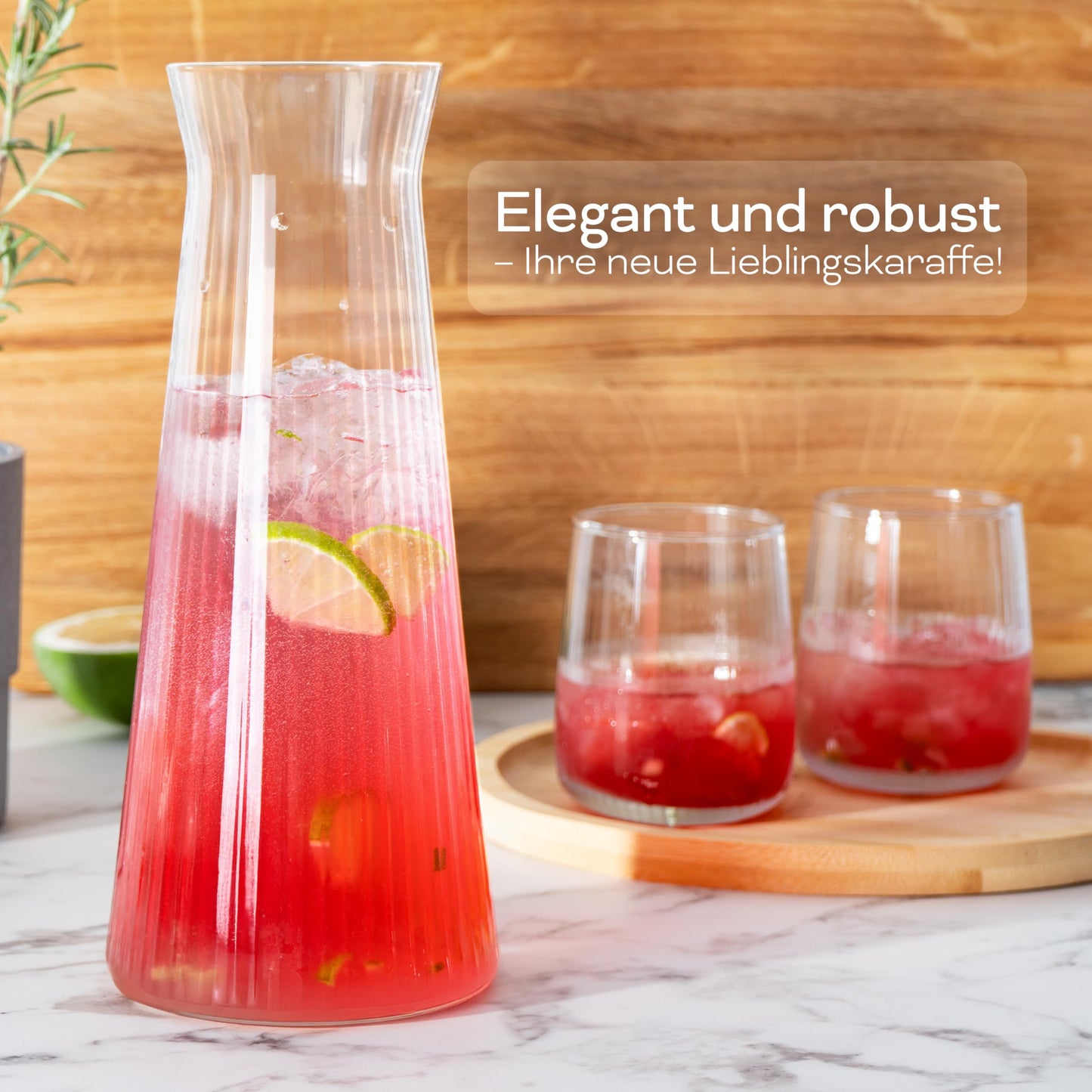 KONZEPT Wasserkaraffe 2er Set, Glaskaraffe 1 liter, geriffelte, Wasser Karaffe Glas ohne Deckel