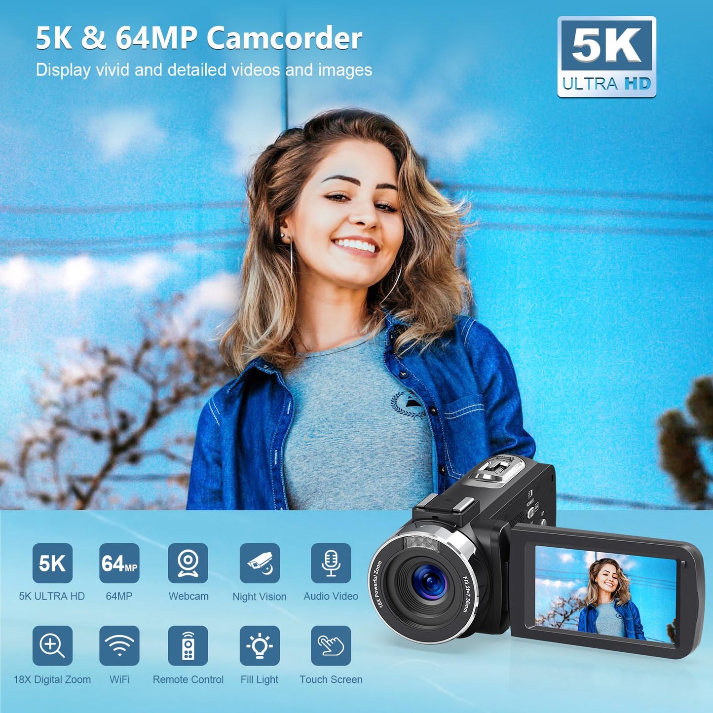 Videokamera 5K HD 64MP WiFi Camcorder für YouTube, 30FPS Webcam IR Nachtsicht Vlogging Kamera, 18X Digitalzoom 3,0 Touchscreen Video Camera mit SD-Karte, 2 Batterien, Fernbedienung, und Stabilisator