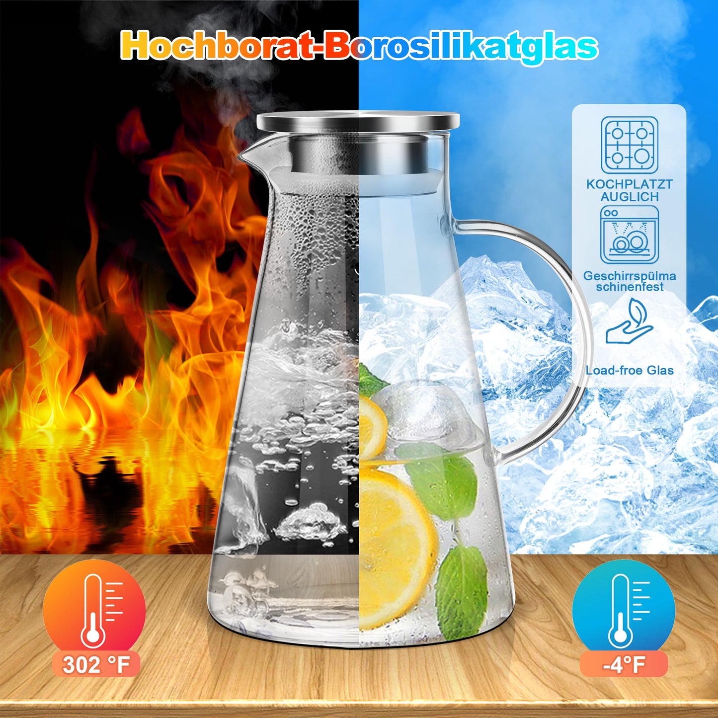 SUSTEAS 2.0 Liter 70 Unzen Glas Krug karaffe mit Deckel Eistee Krug Wasserkrug Heißes Kaltes Wasser Eistee Wein Kaffee Milch und Saft Getränkekaraffe wasserkaraffe