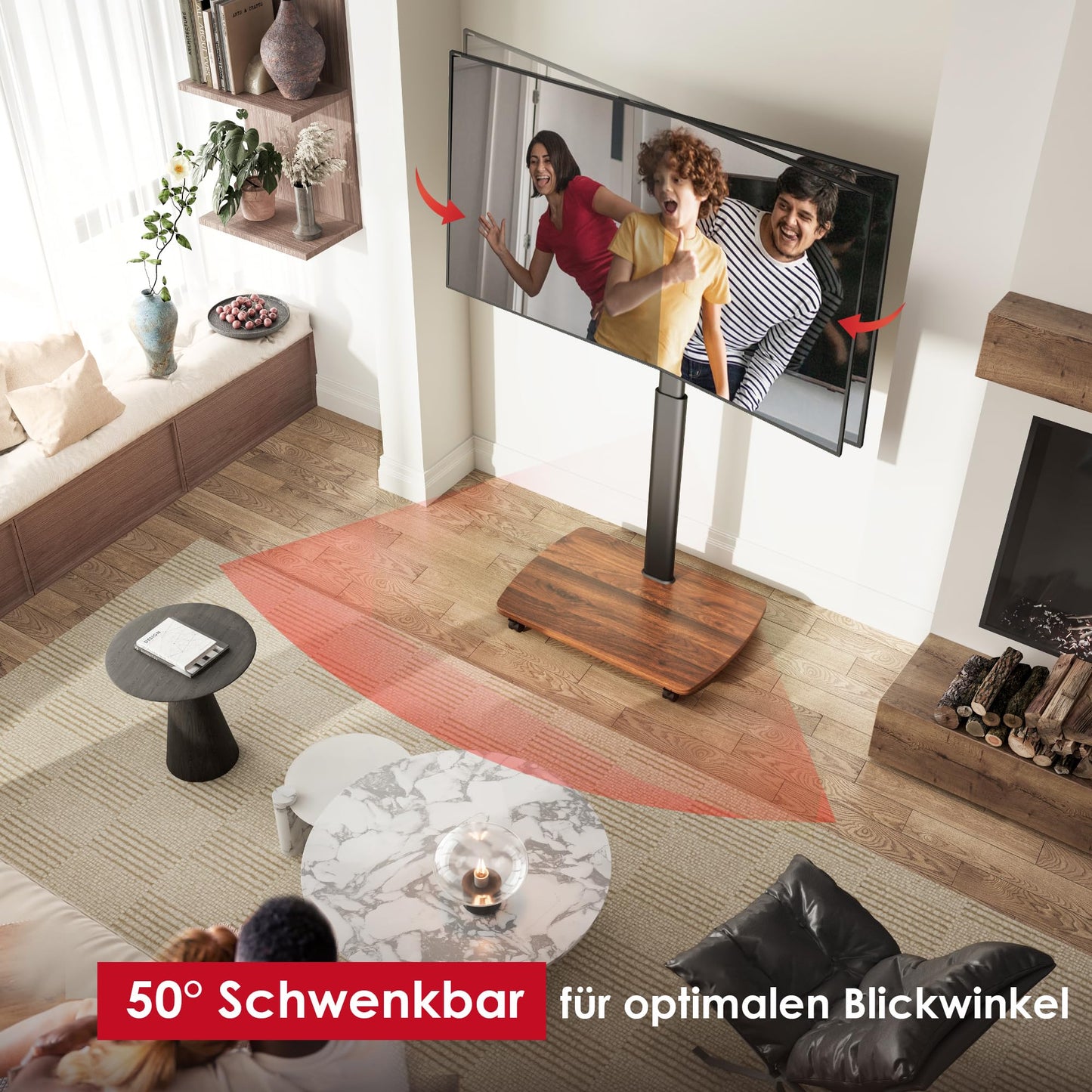 AOKCOS TV Bodenständer Rollbar mit Holzregal, TV Ständer mit Rollen für 43-75 Zoll Flach & Curved Fernseher bis 50kg, Höhenverstellbar Schwenkbar Fernsehstand, Max.VESA 600x400mm