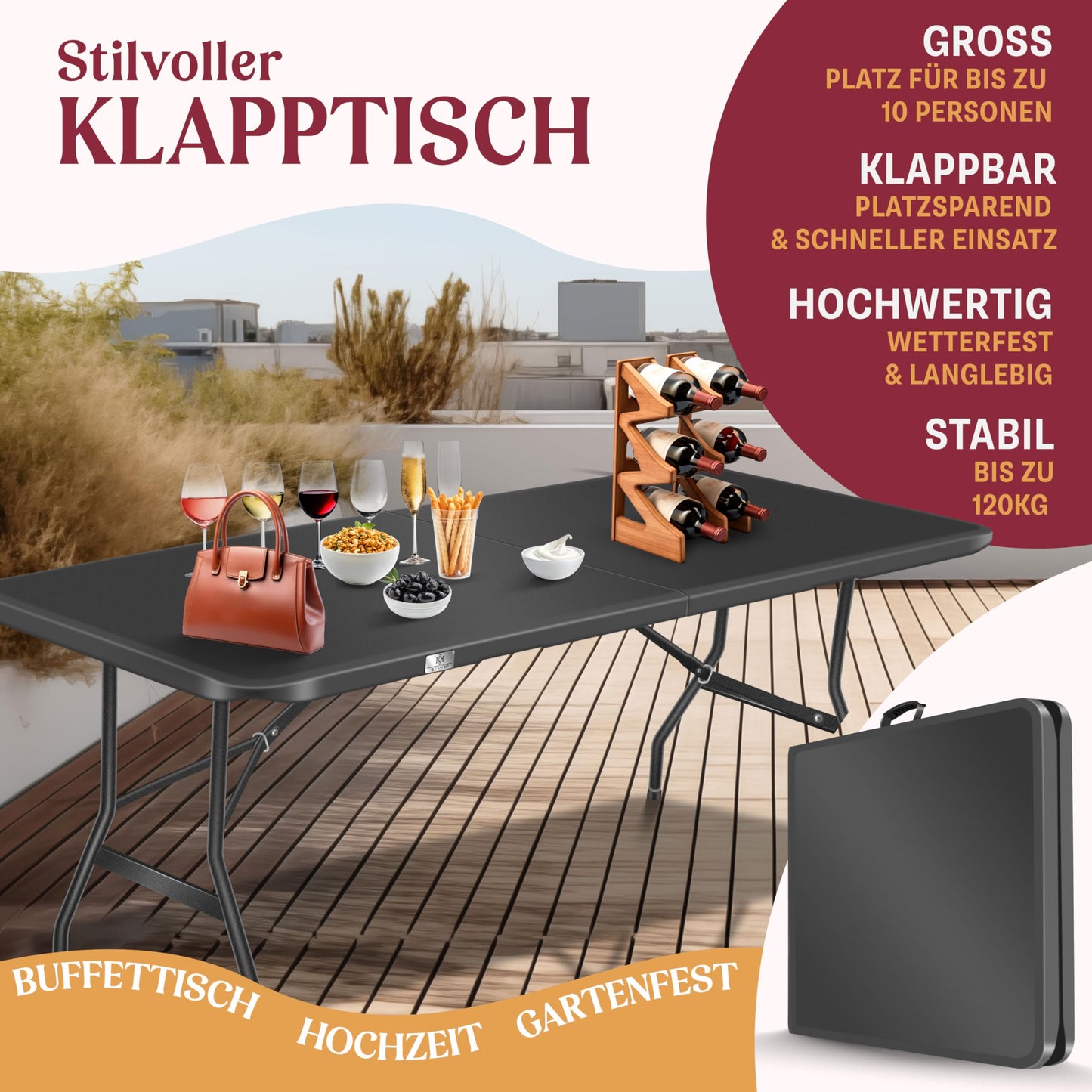 KESSER® Buffettisch Tisch klappbar Kunststoff 183x76 cm Campingtisch Partytisch Klapptisch Gartentisch für Garten, Terrasse und Balkon zusammenklappbar 6 Personen inkl. Cover & Tragegriff, Anthrazit