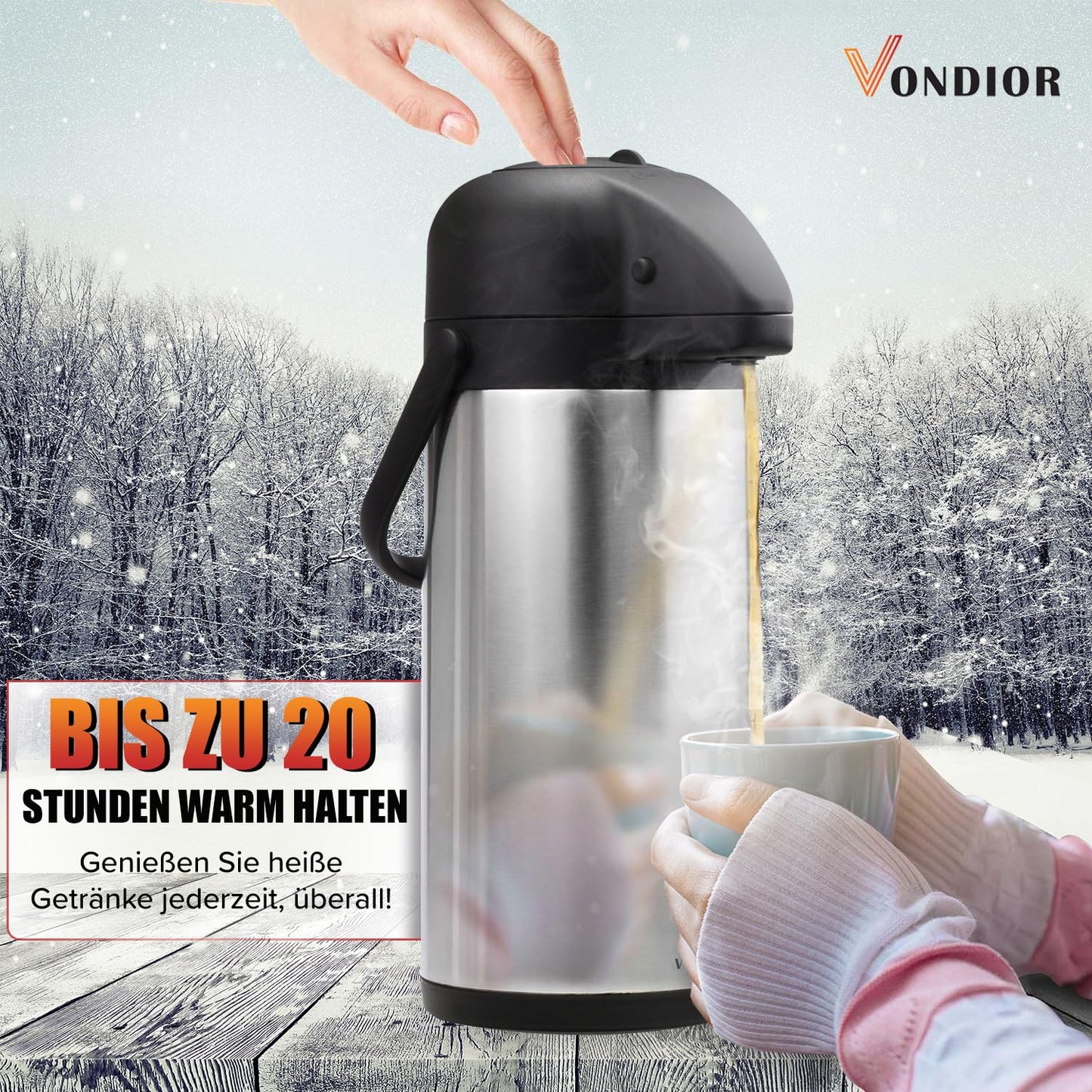 Vondior Airpot Pumpkanne 2,5 liters- Professionelle isolierte Kaffeekaraffe aus Edelstahl, Thermoskanne, Thermos-Getränkespender, Geeignet Für Partygetränke